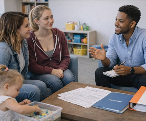 Adults chatting while a young girl plays