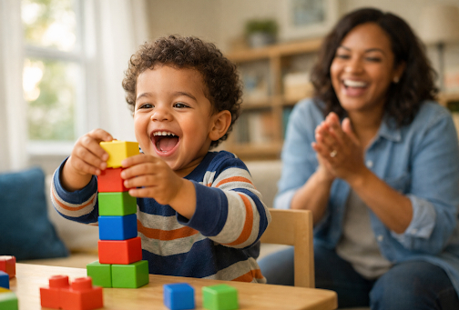 Young boy playing with blocks, encouraged by an adult woman