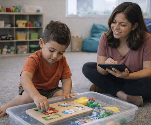 Young boy playing while being watched by an adult woman